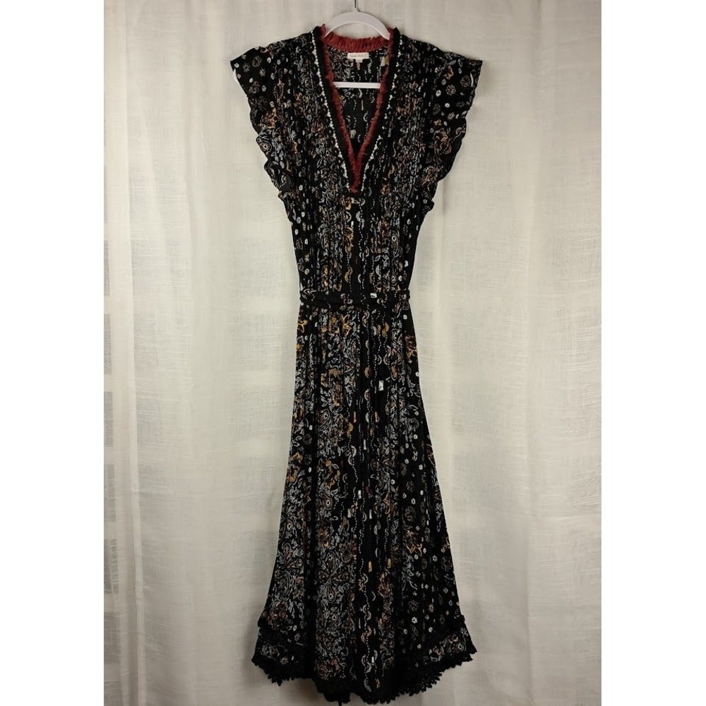 Poupette St Barth S Black Paisley Floral Midi Dress Pintuck Bodice Crochet Trim